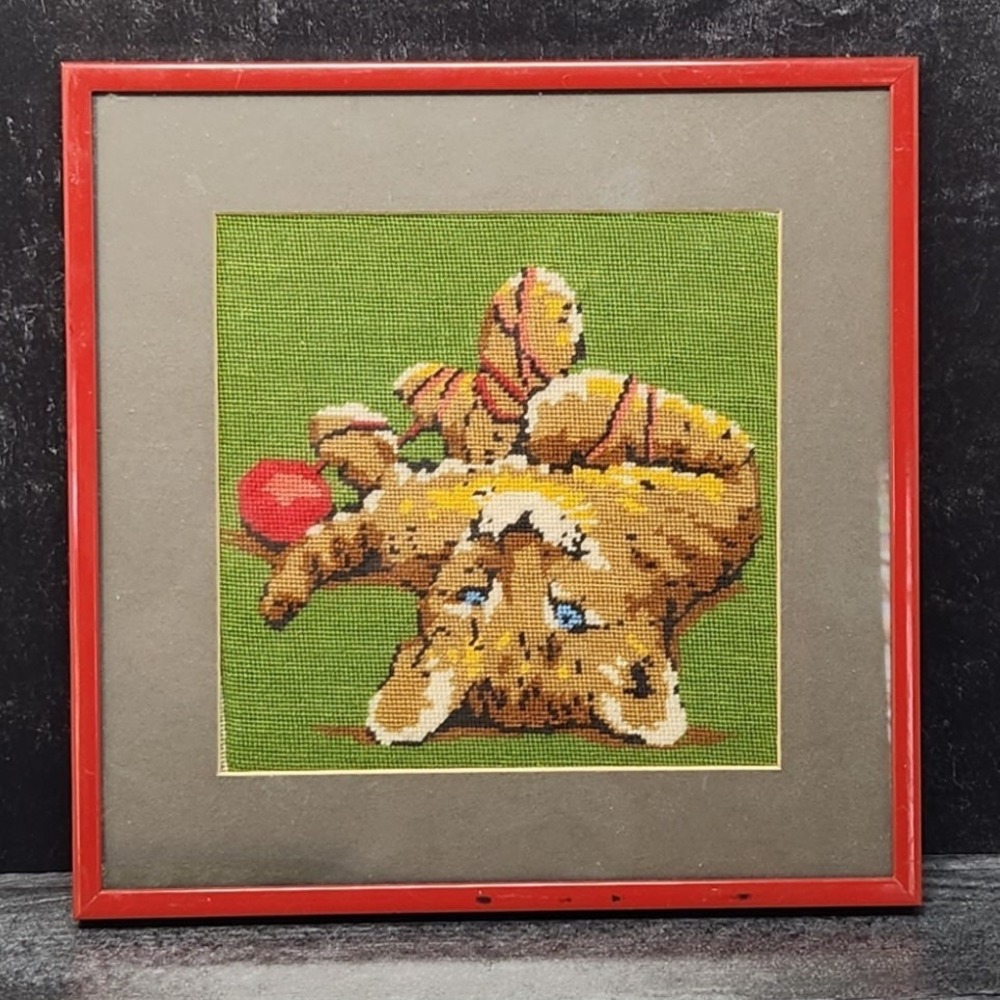 Vintage Framed Needlepoint Orange Tabby Cat Playing with Red Yarn